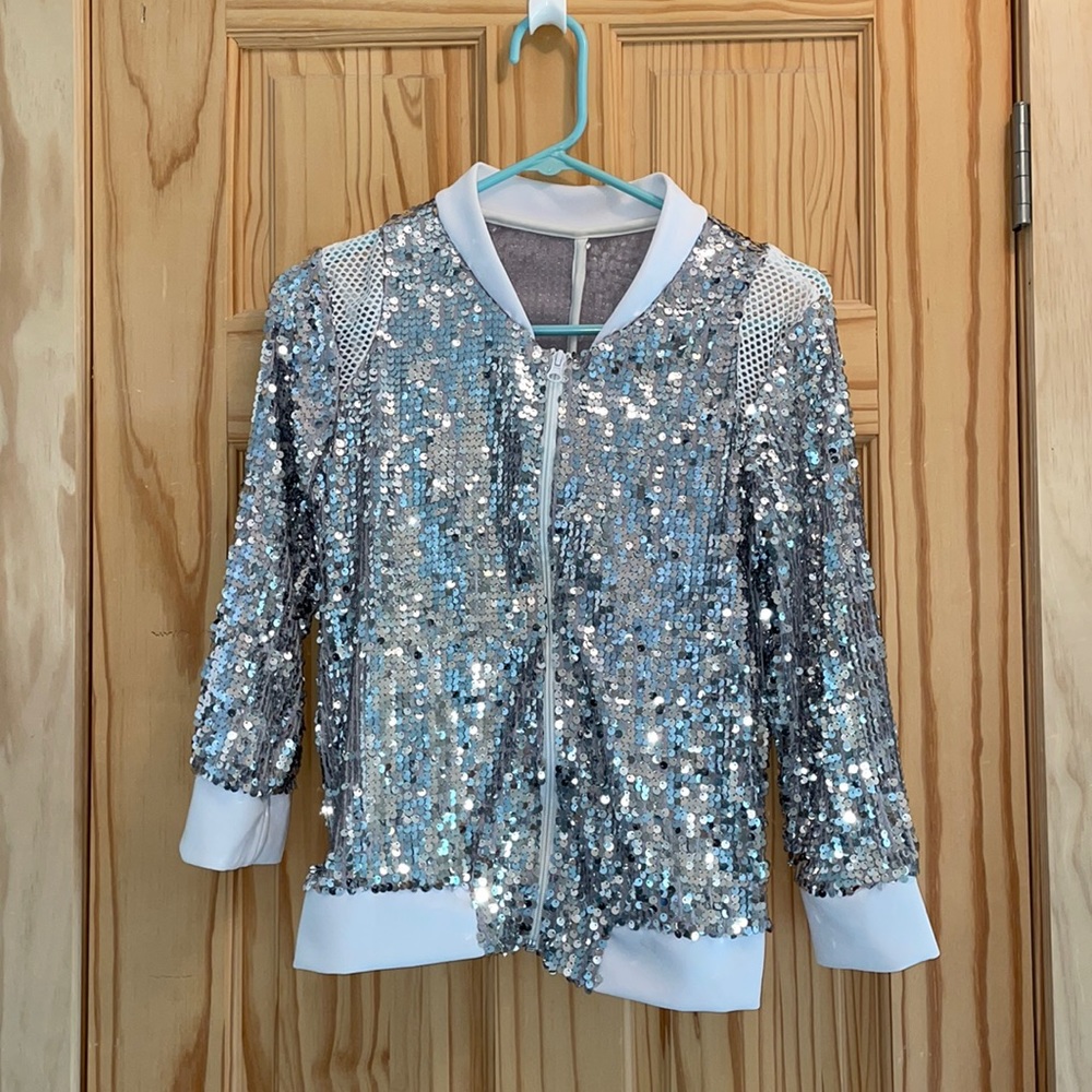 Weissman Silver Sequin Sparkle Bomber Jacket Sz M Medium Halloween Disco Retro